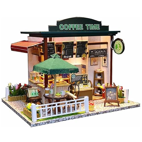 Flever Dollhouse Miniature DIY House Kit Creative Room with Furniture for Romantic Valentine's Gift (Time Cafe) - Time Cafe