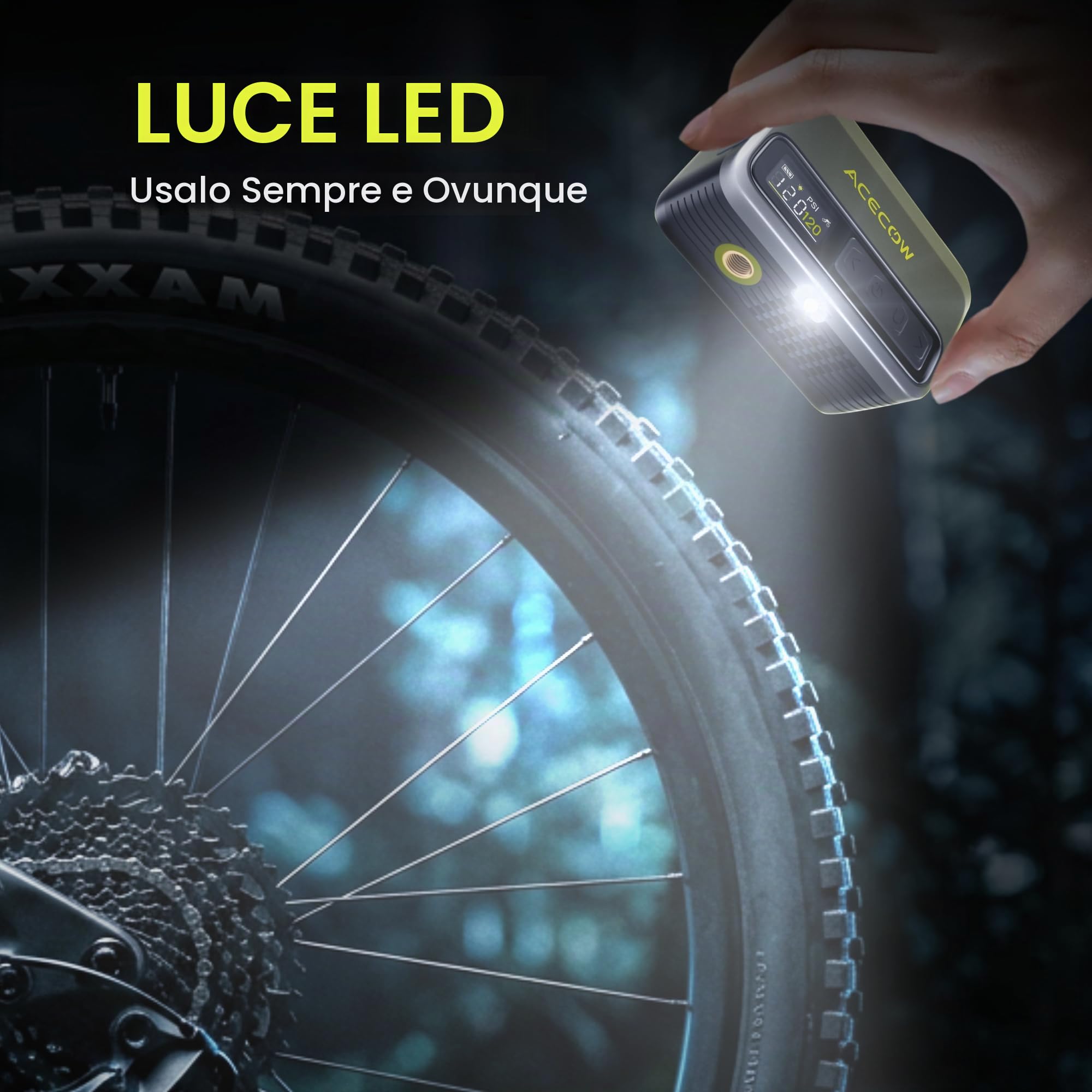 AT5Pro Pompa elettrica mini per biciclette, 120 PSI (8,3 Bar), gonfiaggio 30% più veloce con sensore digitale, arresto automatico, protezione da surriscaldamento per strada/MTB/e-bike/palloni