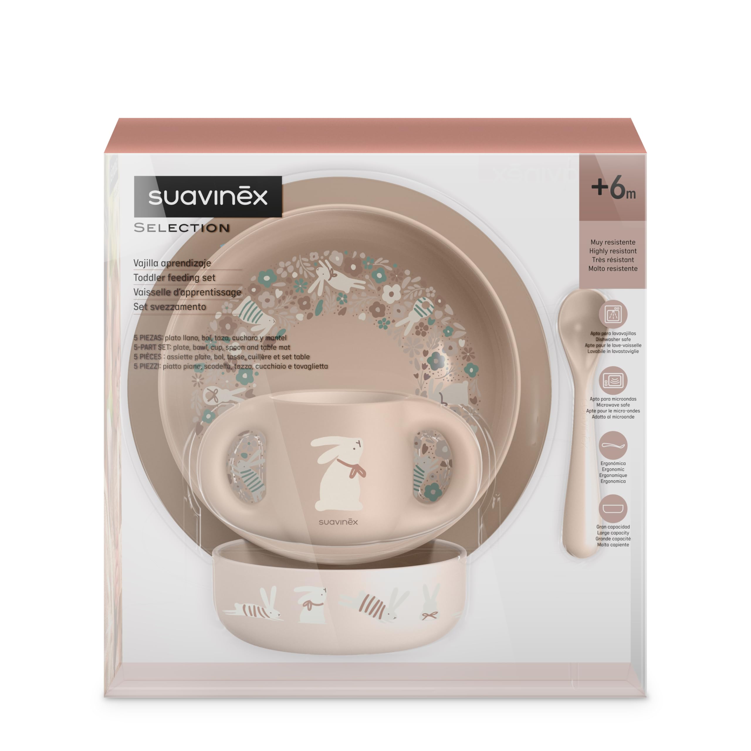 Suavinex, Set Vaisselle Bébé. Coffret Repas Enfant, 5 pièces. Comprend : Assiette + Bol + Tasse + Cuillère + Nappe Antidérapante. 6+ Mois. Durable, Apte pour le lave-vaisselle, Micro-onde. Rose