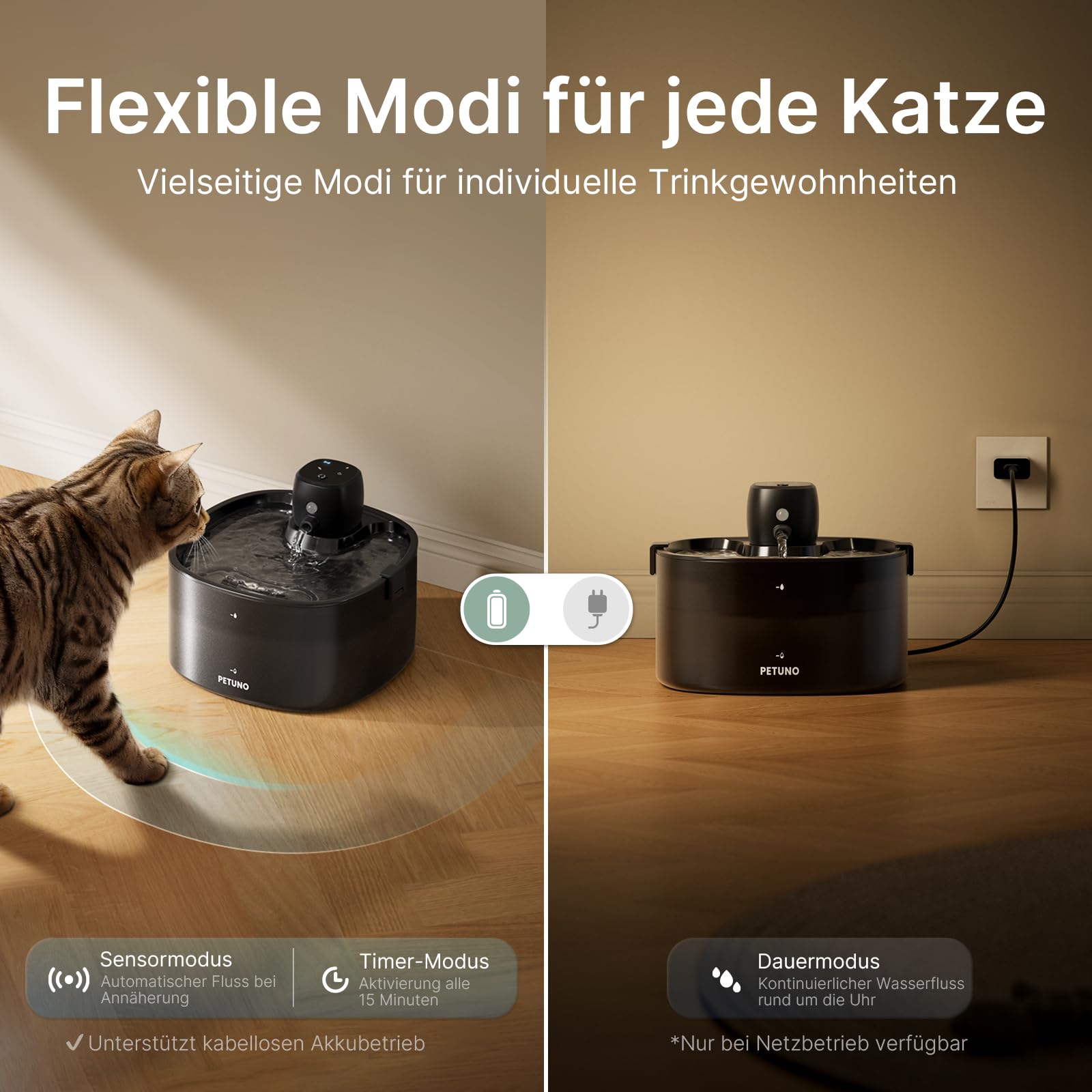 2,3L Katzenbrunnen Kabellos Batteriebetrieben, Schwarz | 4000mAh-Akku, Bewegungsmelder, Ultraleise Pumpe, Verriegelbarer Deckel, Automatischer Trinkbrunnen für Katzen