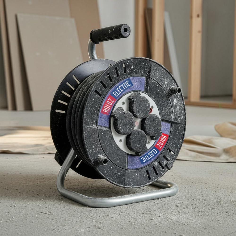 Avvolgicavo 40 metri IP44 - Prolunga Elettrica Avvolgicavo 230V 3300W Prolunga da Cantiere - Tamburo Cavo con 4 Prese Schuko 3×2,5 mm² - Avvolgicavo da Esterno per Giardino, Garage - Horoz Electric