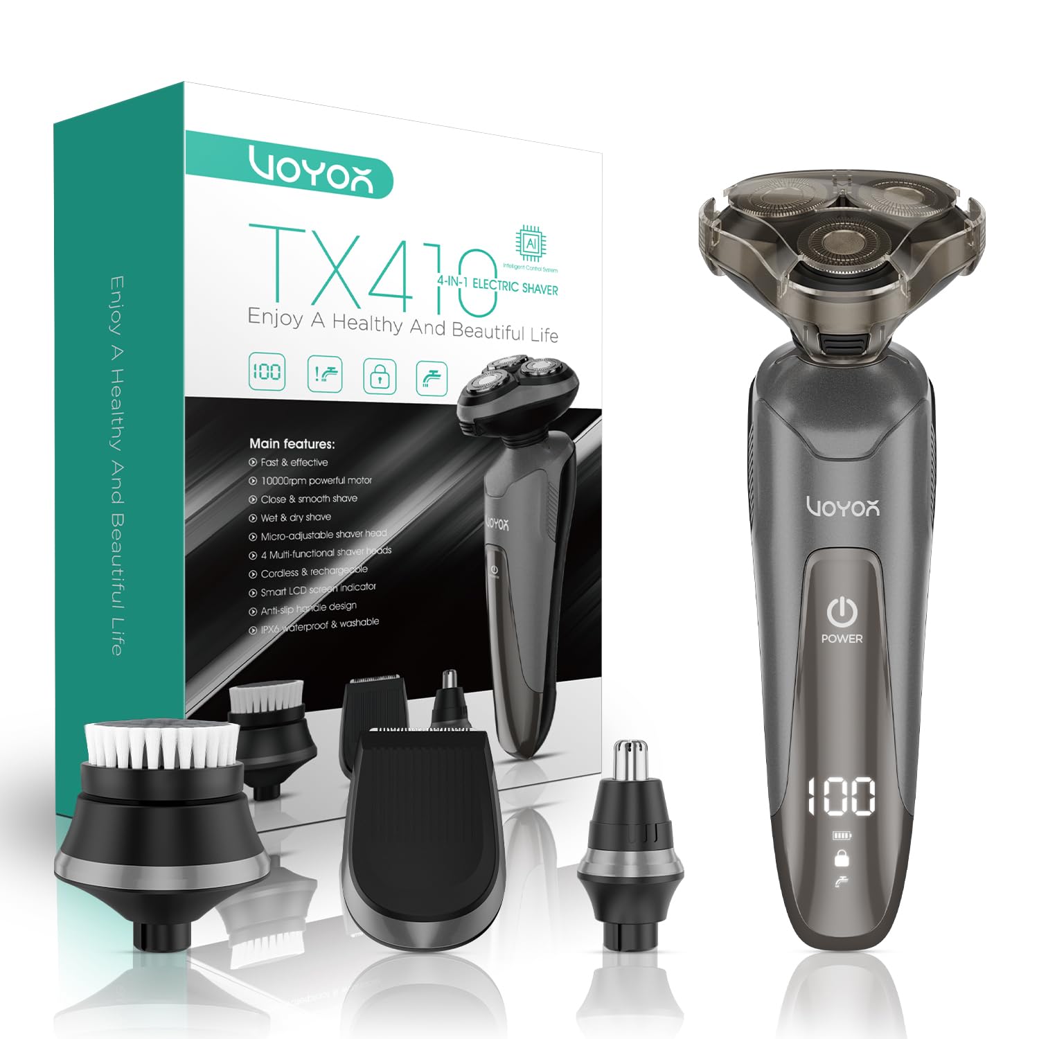 VOYOR Máquina de afeitar Afeitadora Eléctrica Recargable Para Hombres, Recortadora de Barba, Juego de Afeitadora En Húmedo y Seco TX410(Gris)