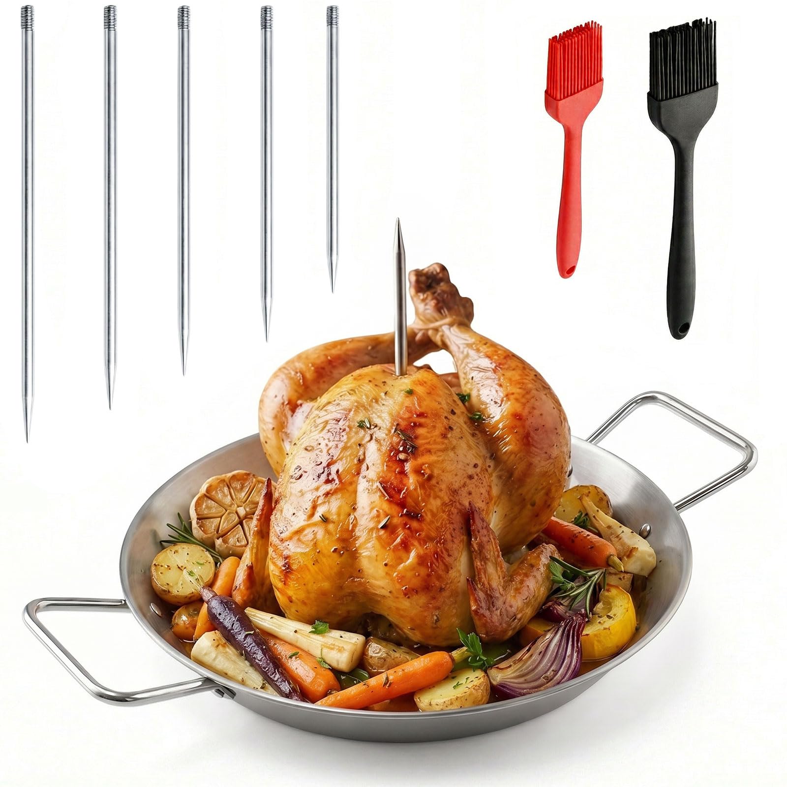 Vertical Kebab Skewer Stand, 10-Inch Stainless Steel Kebab Plate with 5 Removable Spikes & 2 Brushes, Barbecue Grill Pan for Whole Chicken, Meat, Taco, Shawarma, BBQ & Gyro