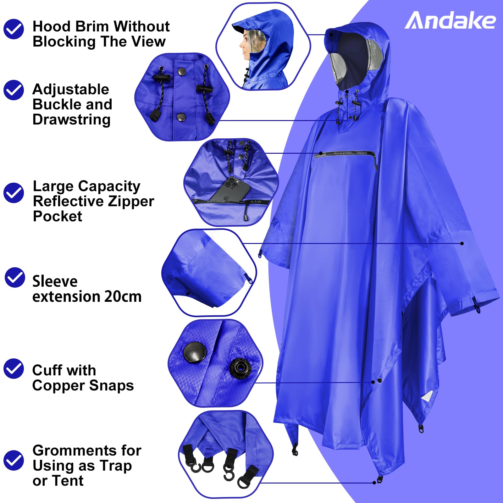 Andake Poncho Uomo Donna Impermeabile Unisex Giacca da Pioggia Antivento Resistente alle Rughe Impermeabile riutilizzabile per Campeggio Escursionismo Outdoor e Uso Quotidiano