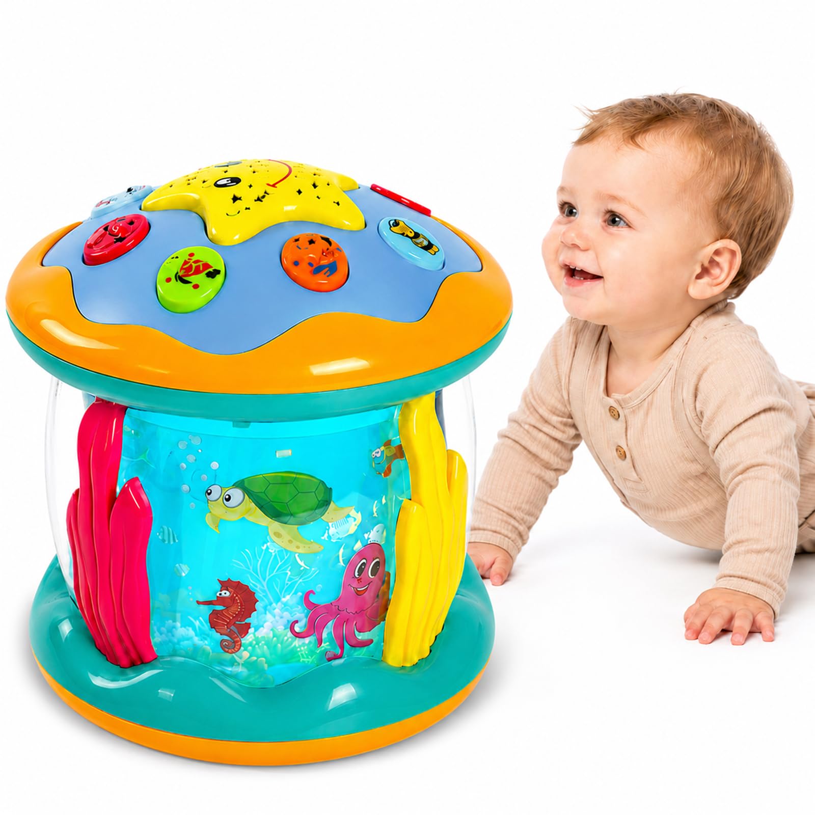 BELEEV Baby Toys 6-18 Months, 360° Ocean Projection Rotating Musical Light Up Toys, Sensory Toys Crawling Learning Tummy Time Toys for 1 Year Boys Girls Birthday Gifts