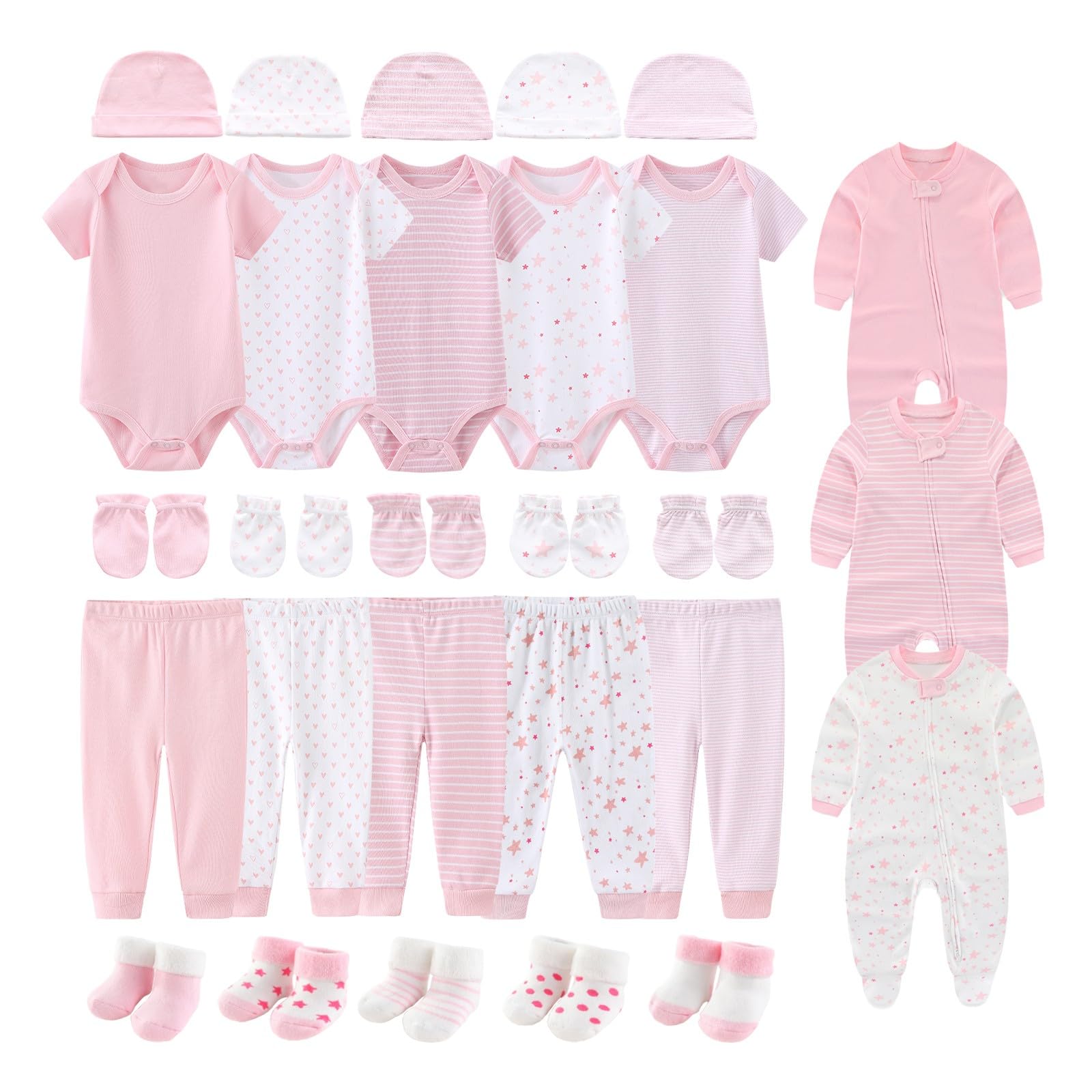 28 Pack Unisex Baby Layette Set Boy Girl Pants Rompers Short Sleeve Bodysuits Hats Gloves Socks New Born