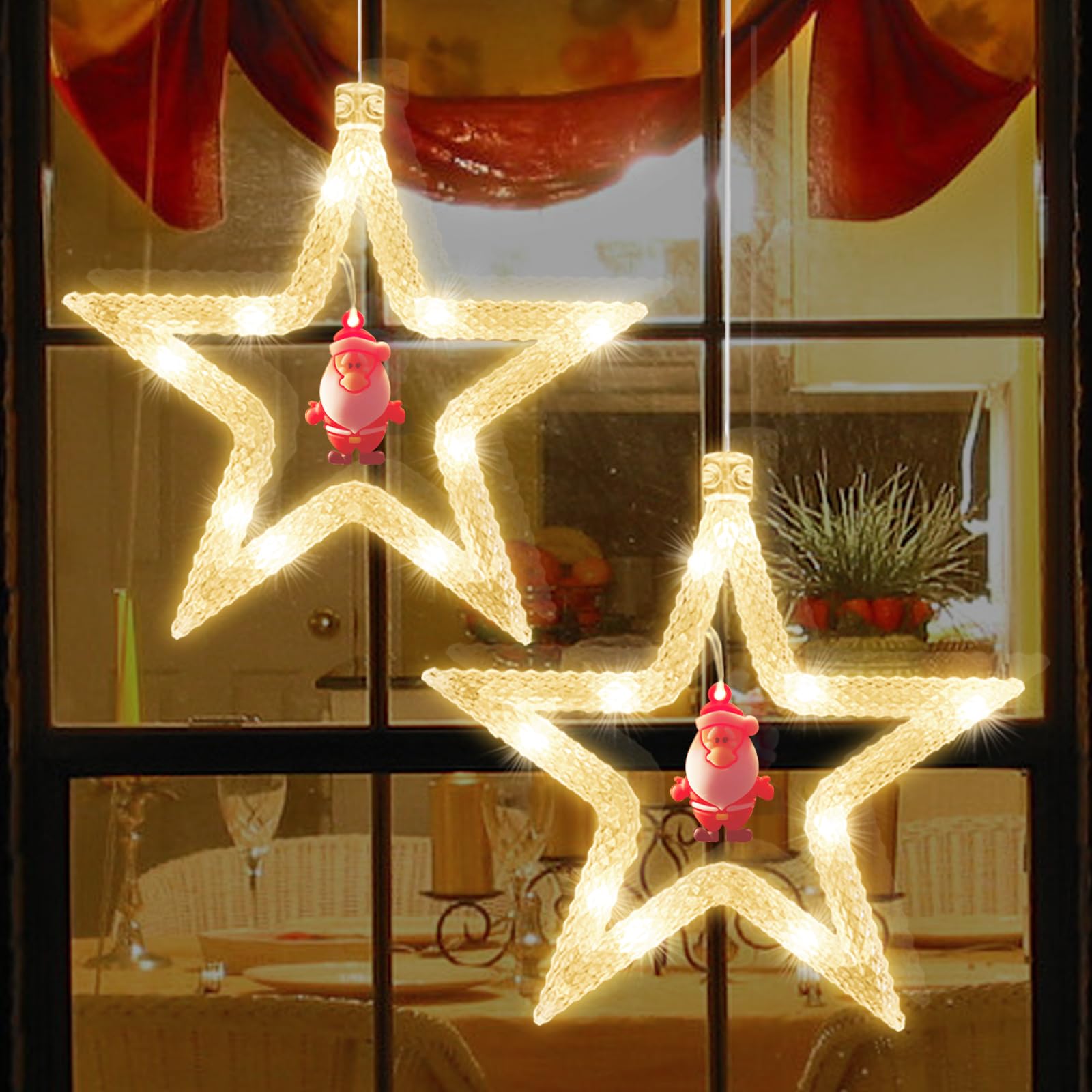 Christmas Window Lights, Jsdoin 2PCS Star Curtain Light Twinkle Christmas Decorate Lamp Battery Powered Hanging Warm White for Xmas Shop Window Door Party Indoor Outdoor Decorate
