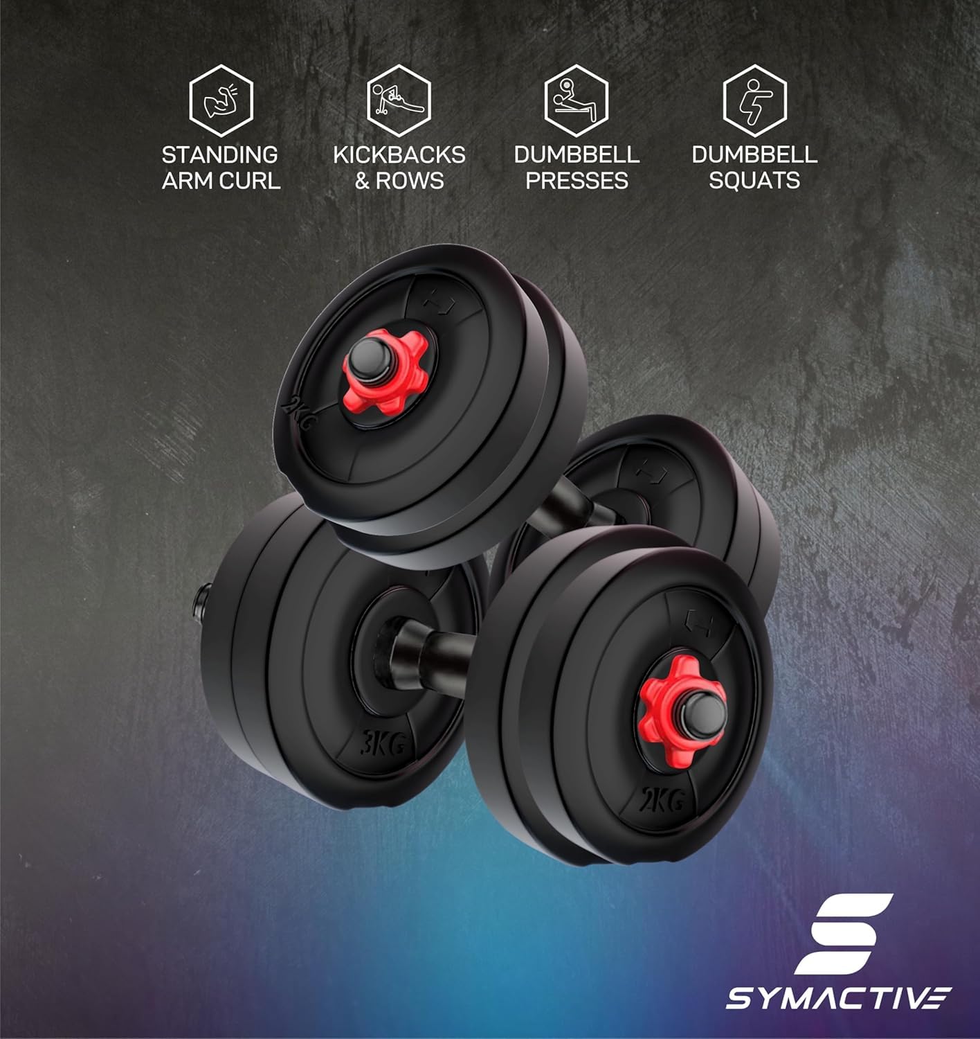 Amazon Brand - Symactive 20 Kg PVC Adjustable Dumbbells Fitness Kit for Full Body Workout (2 Kg x 4 + 3 Kg x 4 Kg Weight, One Pair 14'' Dumbbell Rods & Nuts) image 5