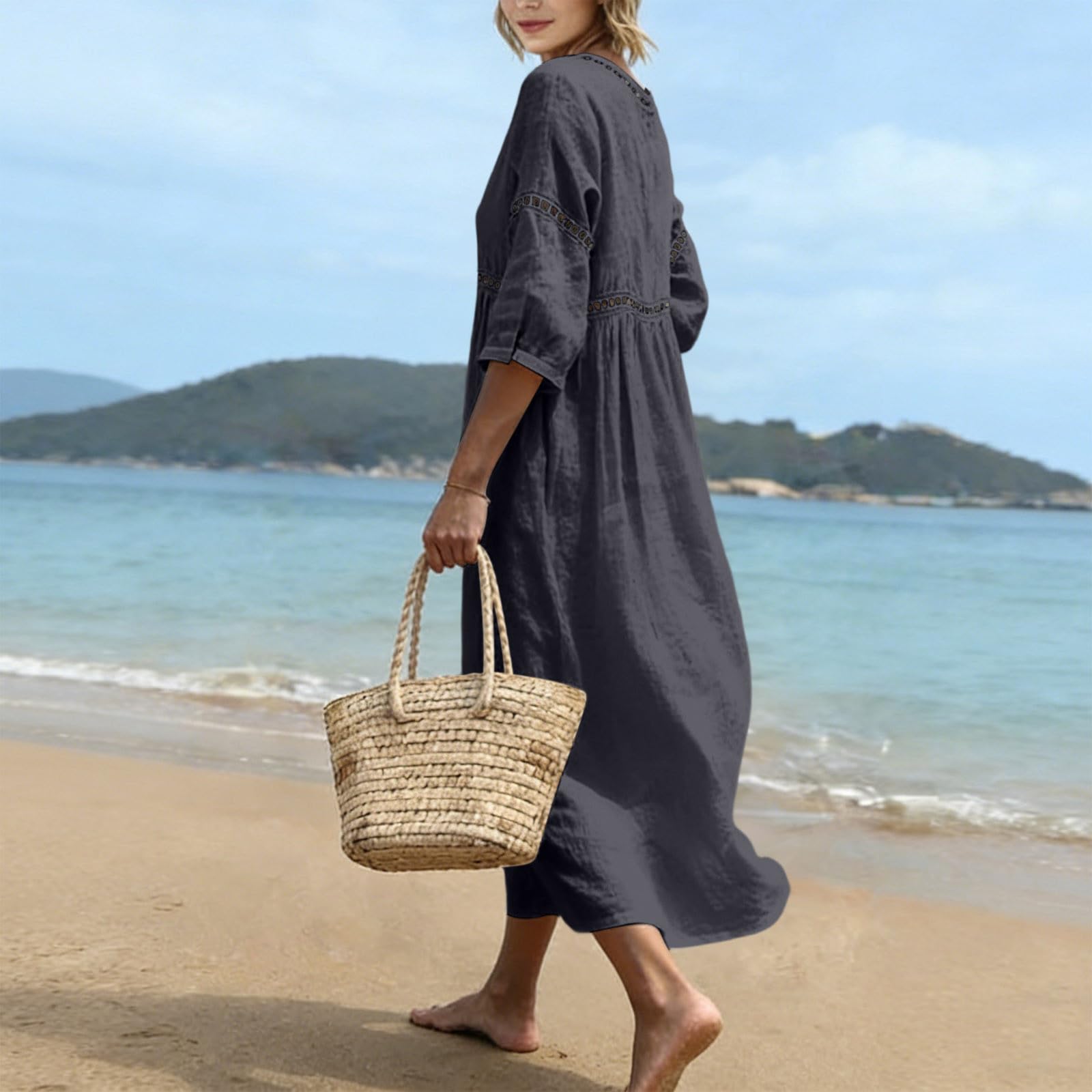 Générique Robe Coton Lin pour Femme Été Fluide Manche 7/8 Chic et Elegant Robes Col V Décontractée Grande Taille Robes Couleur Unie Respirant D'été Boheme de Plage Vacances Maxi Dress