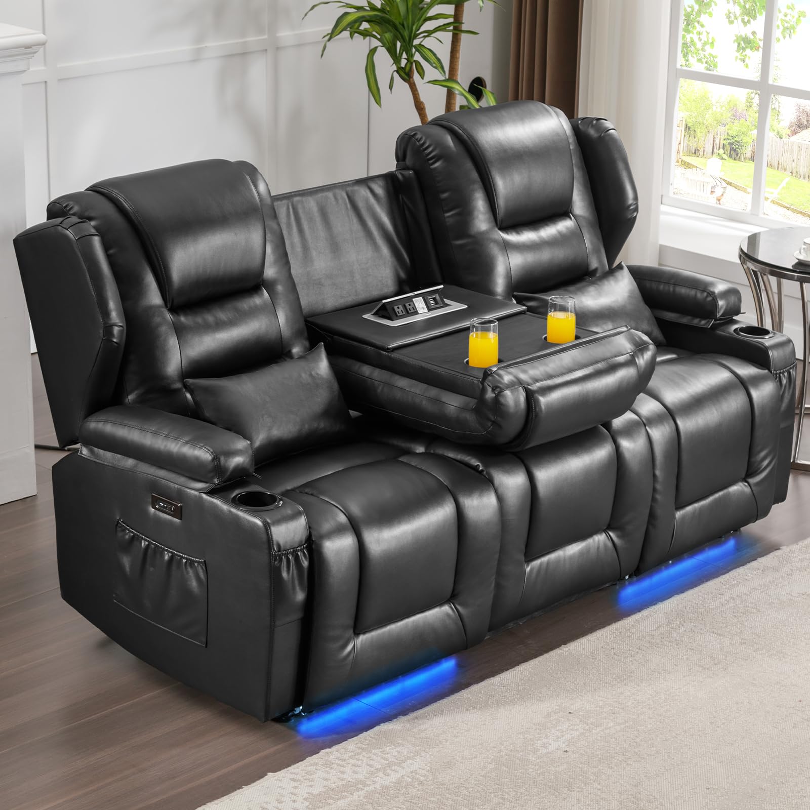 SAMERY Power Loveseat Recliner Sofa with Adjustable Split Back, Multi-Port Charger, Flip-Up Backrest & LED Lighting - Home Theater Seating with