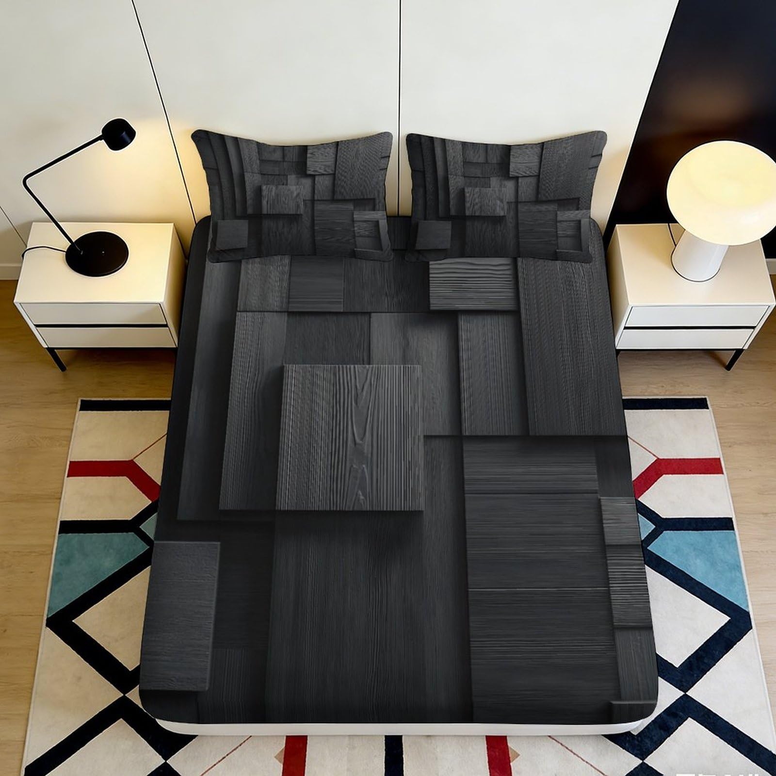 3D Printed Geometric Black Wood Fitted Sheet Microfiber Modern Abstract Bed Cover for Bedroom Guest Room Decor 120x200x25cm