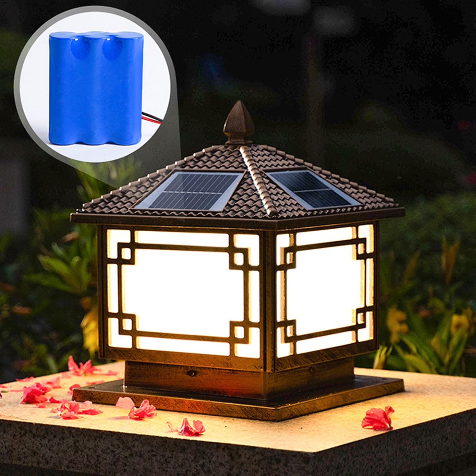 Retro kwadratowa lampa solarna w stylu japońskim, kolumna solarna, IP54, wodoodporna, do ogrodu, na patio, do wejścia, latarnia uliczna (brąz 40 cm)