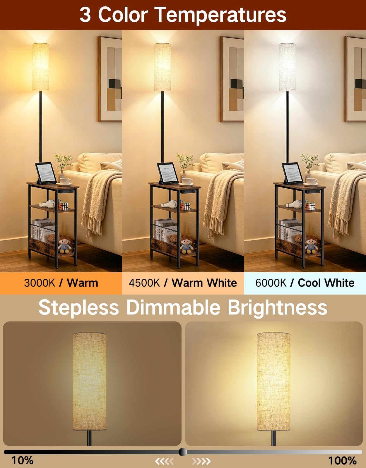 Lampadaire avec Table et Ports USB-A/USB-C