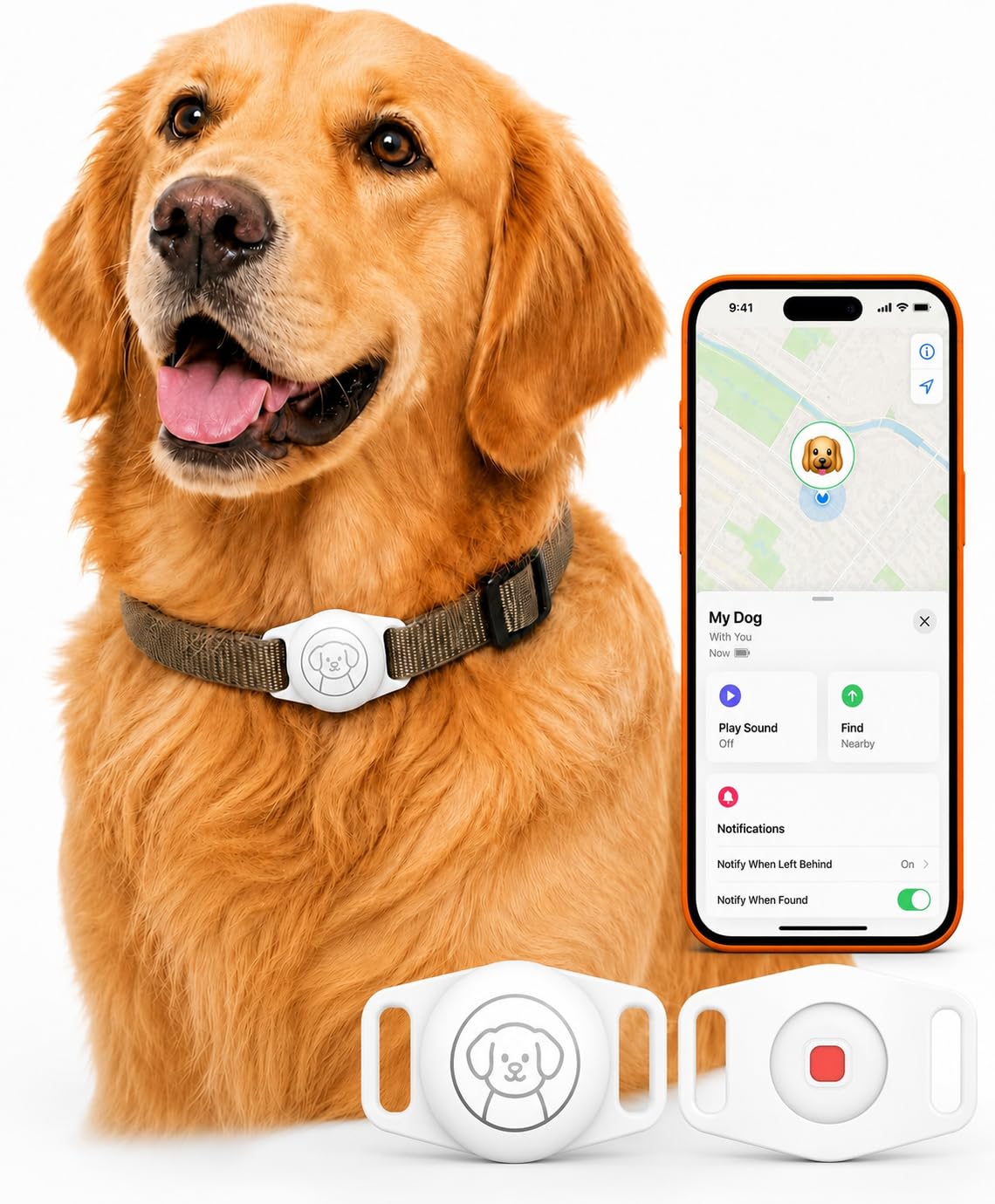 Hundetracker für Hunde, Bluetooth Pet Tracker Tag funktioniert mit Apple Find My, keine monatliche Gebühr, IP67 wasserdicht, Anti-Verlust-Hunde-Tracker mit Halsbandhalter (2, während)