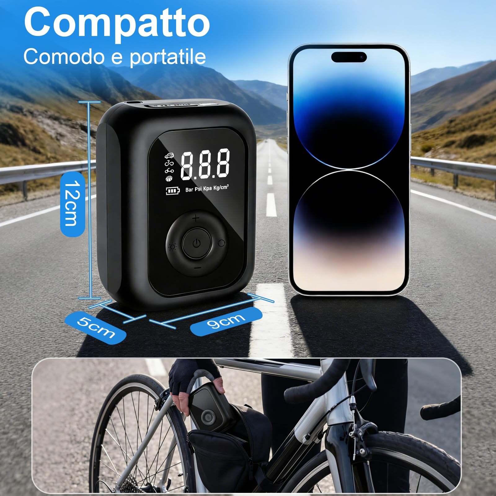 Compressore Aria Portatile,150PSI Pompa Elettrica per Bicicletta, Mini Compressore Bici con Schermo LED Digitale e Illuminazione LED,Gonfiatore Elettrico Portatile per Bici, Auto e Moto