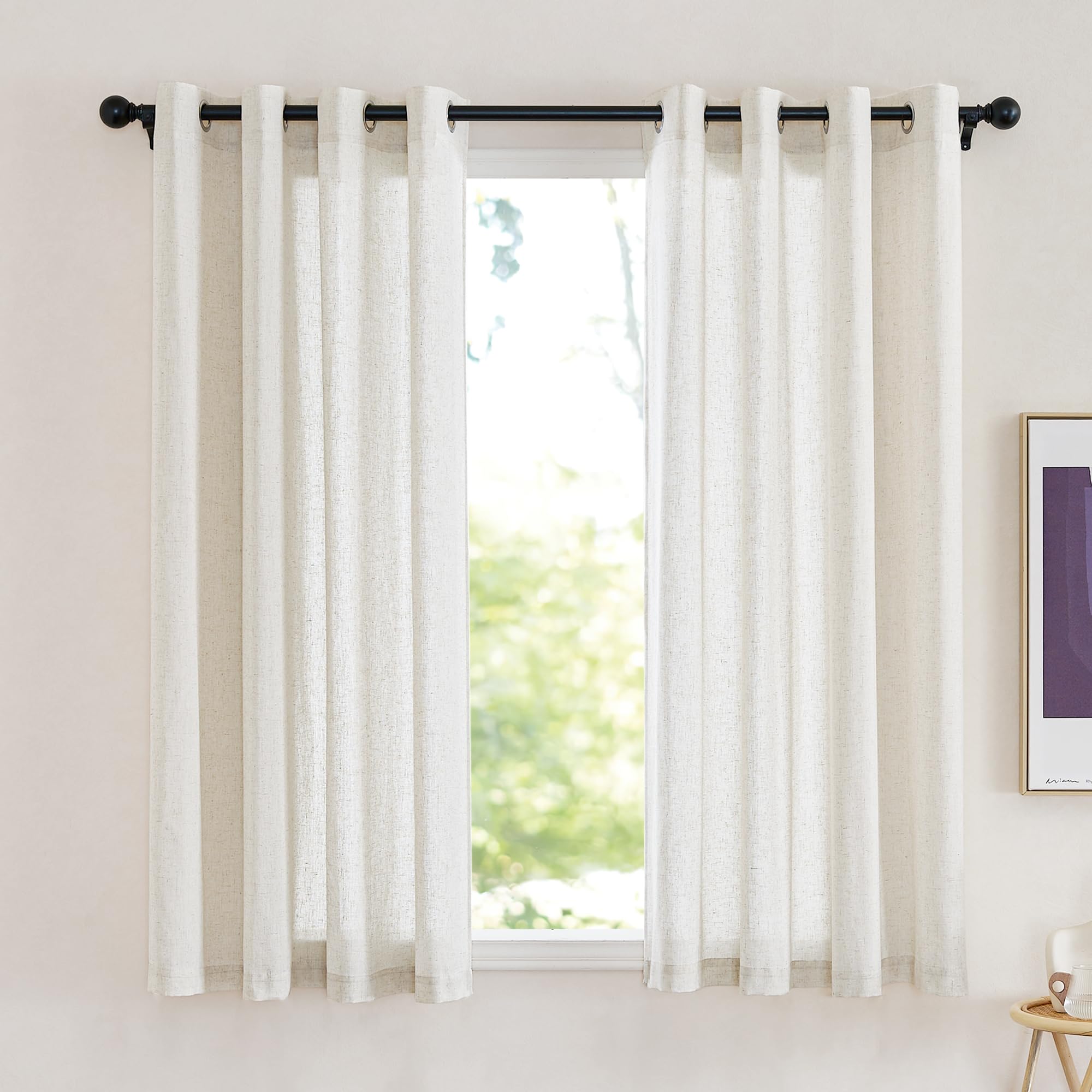 KGORGE Curtains Short Linen Boho Semi-Transparent Curtains with Eyelets Set of 2, 160 cm x 140 cm (H x W), Linen Look Country House Style, Natural Colour