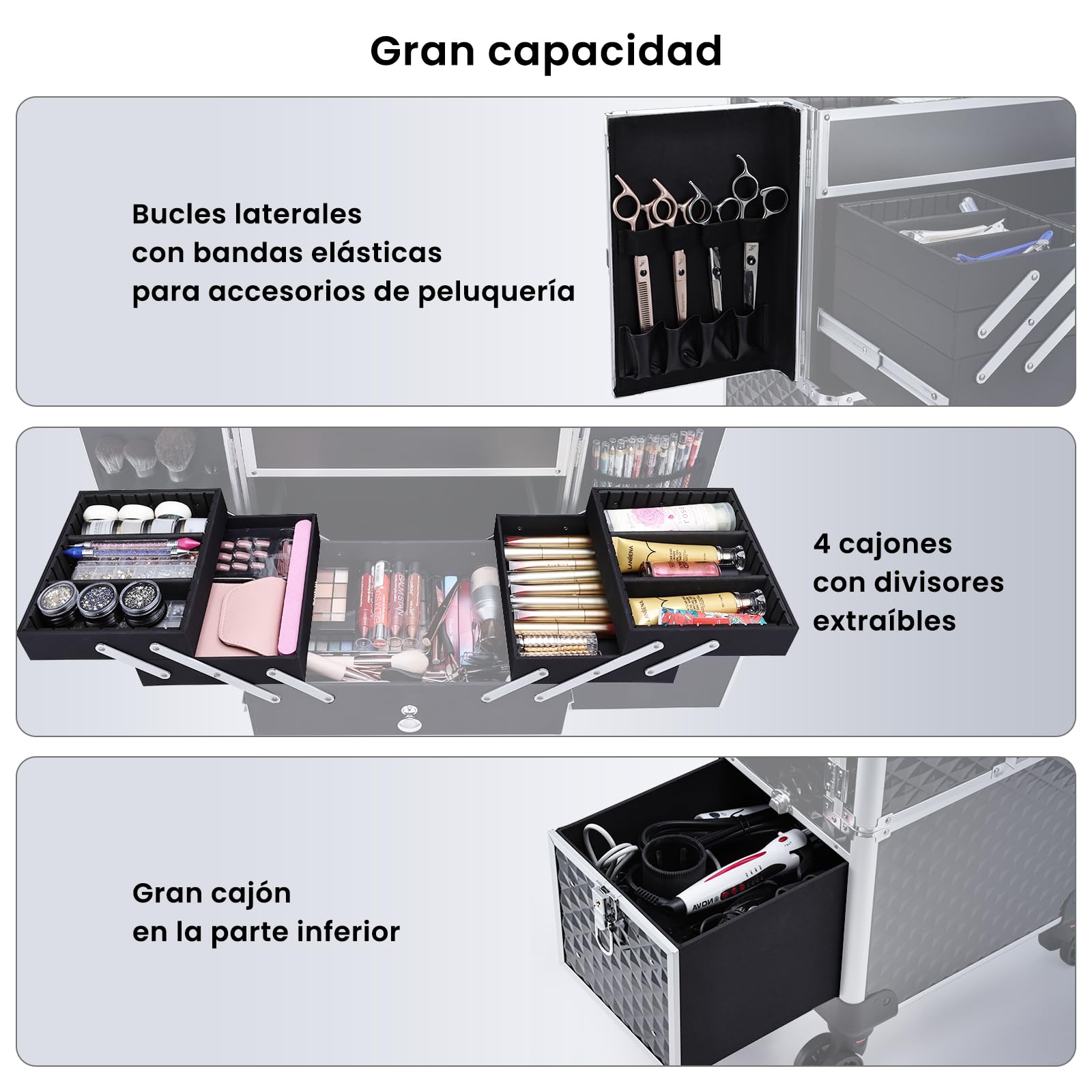 Maleta de Maquillaje con Ruedas Profesional, Maletín de Manicura y Peluquería con Espejo, Cajón Deslizante y Asa Telescópica, Ruedas 360° con Freno, Organizador de Belleza para Salón o Viaje, Negro