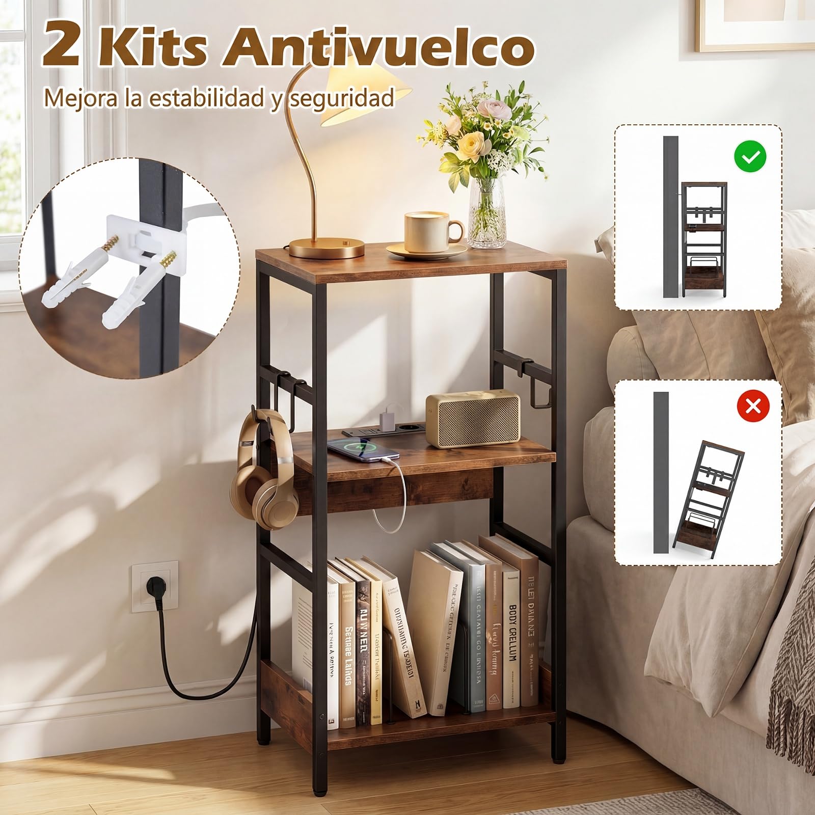 COSTWAY Soporte para Tocadiscos con Estación de Carga, Mueble Tocadiscos Vinilos con Separadores, 3 Ganchos, Mueble de Almacenamiento de 3 Niveles para Discos Álbumes Salón (40×30×78cm)