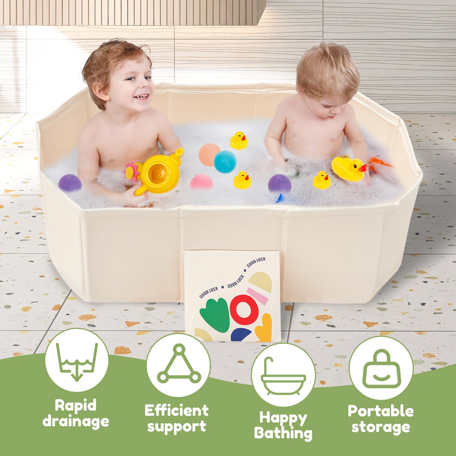Vasca da bagno pieghevole con 5 palline, 2 anatre, vasca da bagno integrata per bambini con vite di scarico, vasca da doccia portatile, navicella integrata per bambini da 0 a 8 anni