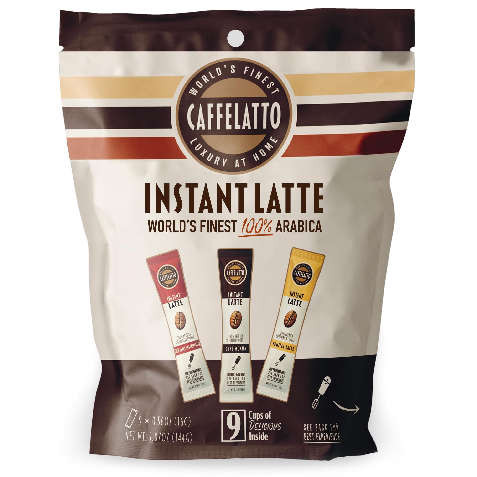 Caffelatto Instant Coffee Latte Mix – Mocha, Vanilla, Caramel – 100mg Caffeine Strong Coffee – Single Serve Sticks for Milk Frothers, 9 Count