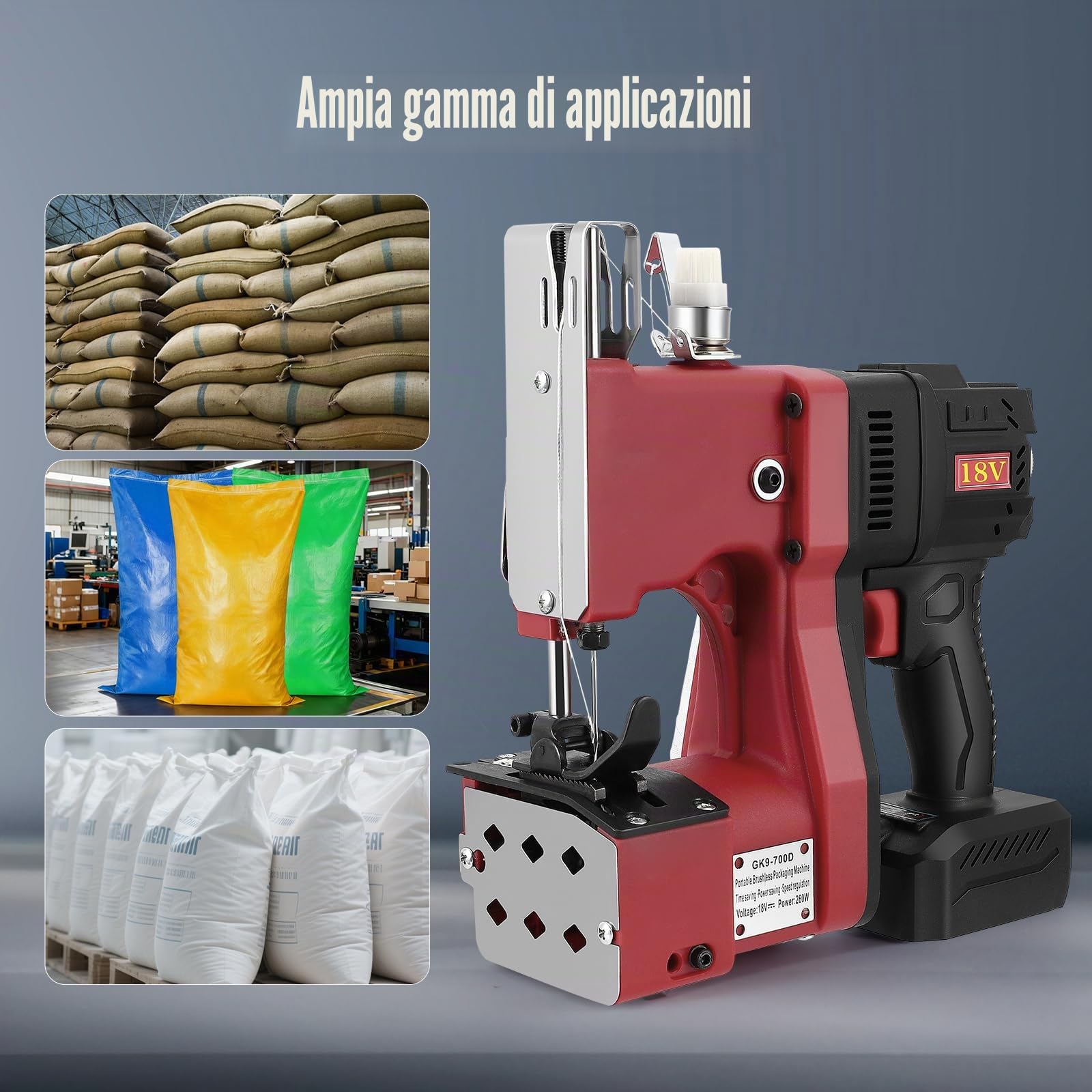 Macchina per la Chiusura di Sacchi 260W Senza Spazzole, Portatile a Batteria - Macchina per Cucire Sacchi Industriale per Sacchi, Agricoltura e Magazzino, Motore Senza Spazzole, 5h Autonomia