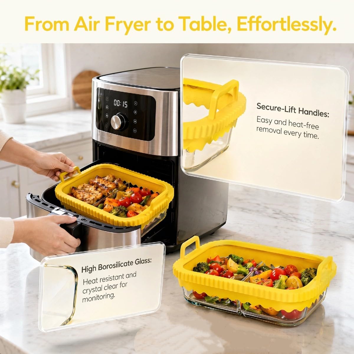 2 Pz Pirofila Airfryer con 1 Pinze da Cucina, Teglia Vetro da Forno con Manici in Silicone rimovibili Pirofila in Vetro Compatibile con Ninja AF400EU/DZ400EU/SL400EU/COSORI/AF500EU, Giallo