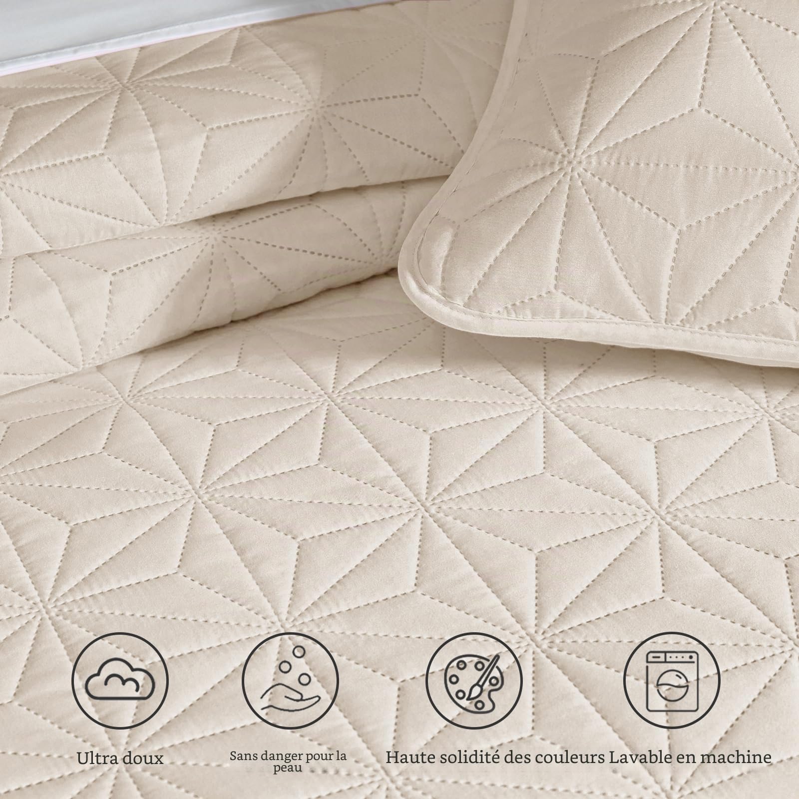Whale Flotilla Couvre-Lit 240x260 cm avec 2 Taies d'oreiller, Dessus de Lit Gaufré Doux Léger avec Motif Géométrique pour 4-Saisons, Beige