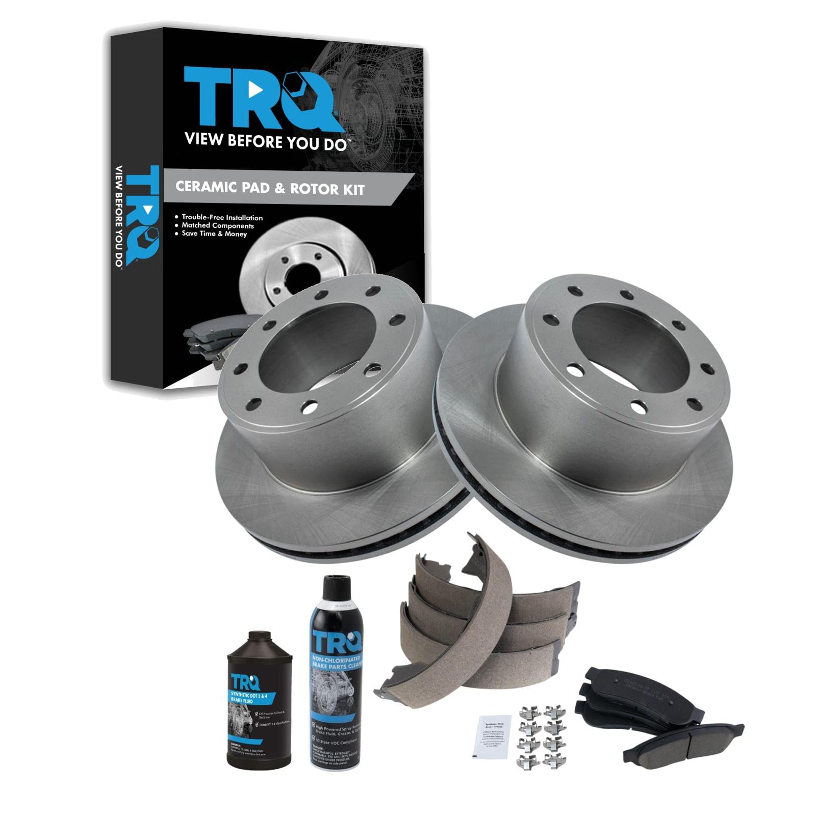 TRQ Rear Brake Pad &amp; Rotor Kit, with Chemical Kit Parking Brake Shoe Set Ceramic Compatible with 2011-2012 Ford F-250 Super Duty F-350 Super Duty