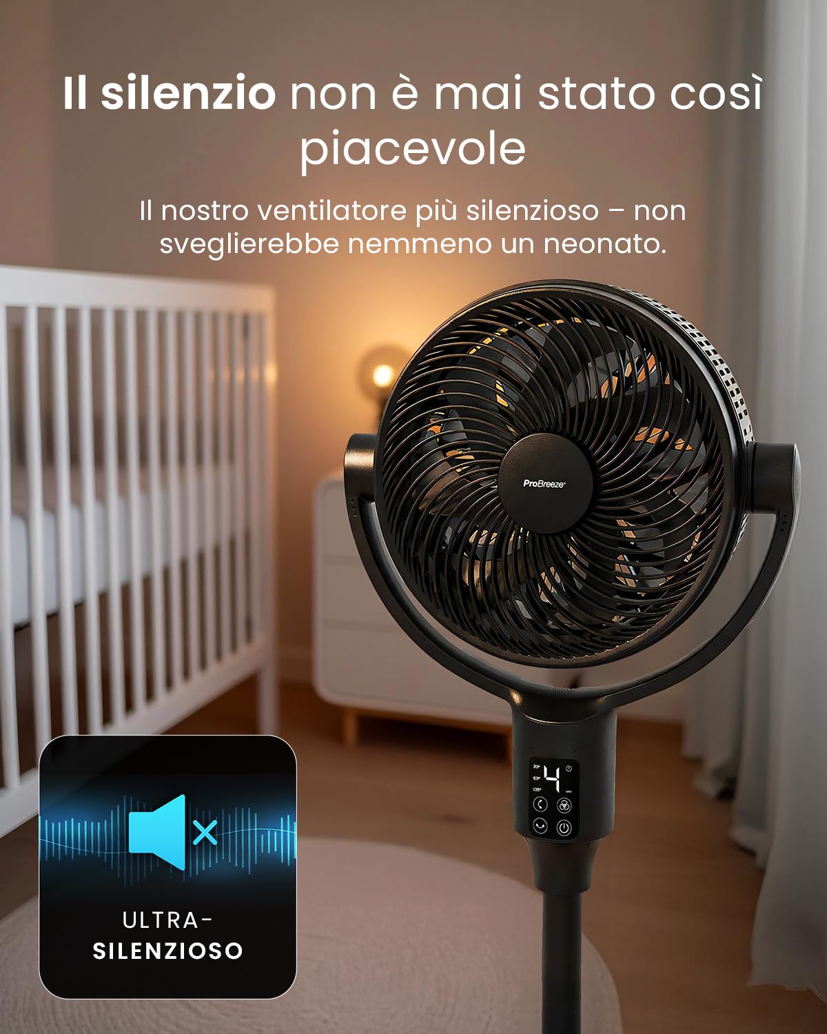 Pro Breeze AirFlo Ventilatore Ultra Silenzioso WiFi 9 Velocità, Da Ventilatore a Piantana(111 cm) a Ventilatore da Tavolo(60 cm), Oscillazione Vortex 95°/135°, Basso Consumo, Casa e Ufficio, Nero