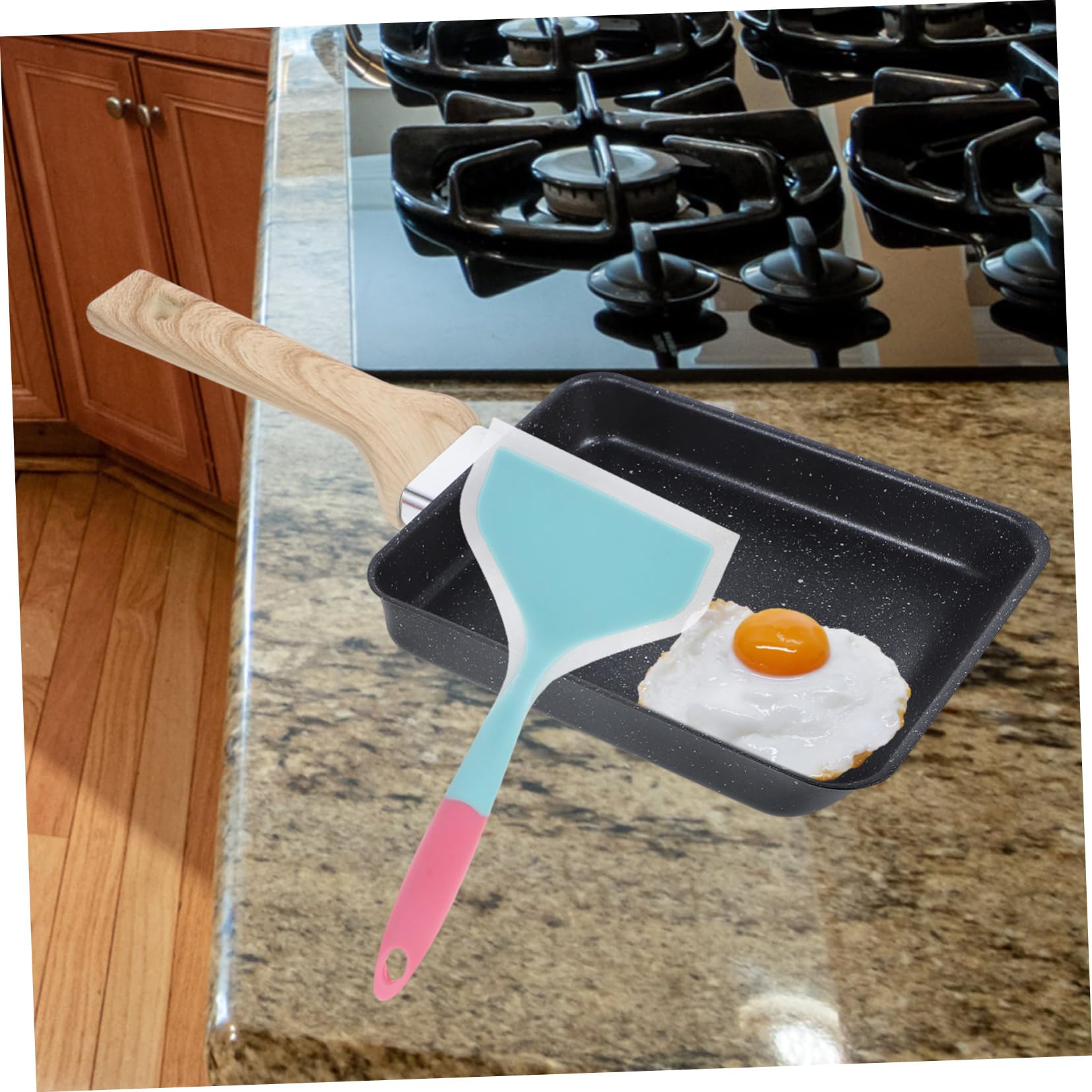 Padella Giapponese per Frittata Antiaderente Spatola in Silicone, Manico in Legno, Rettangolare, per Cucina di Casa