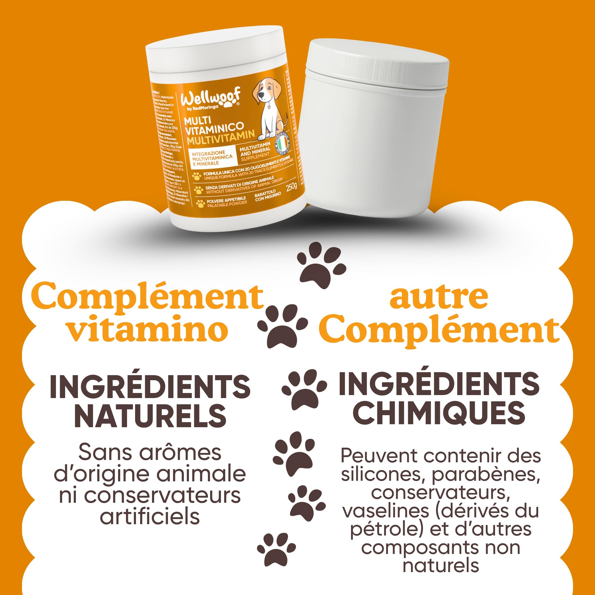 Complément Multivitaminé Complet 11 en 1 | Poudre pour Chiens (250g) | 20 Vitamines et Minéraux & Moringa Bio | sans Appétents Animaux | Idéal pour Régime Maison | Fabriqué en Italie - WELLFOOF