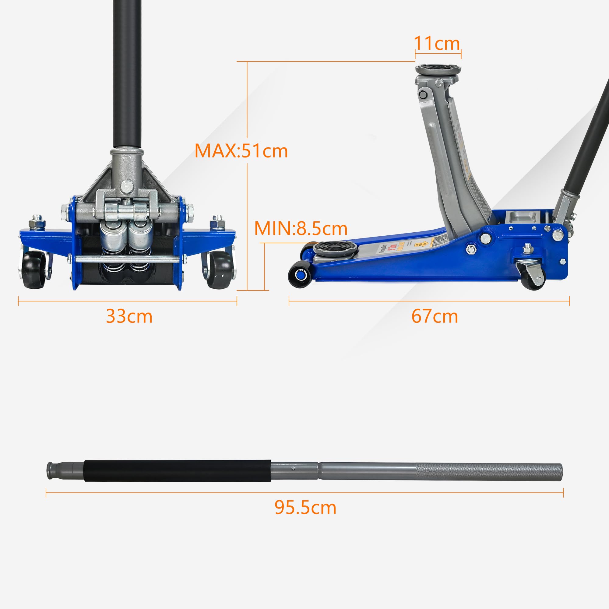Cric idraulico a carrello 3T, con pompa a doppio pistone, altezza di sollevamento 75-505 mm, ruote girevoli a 360°, blu/argento, per auto e SUV