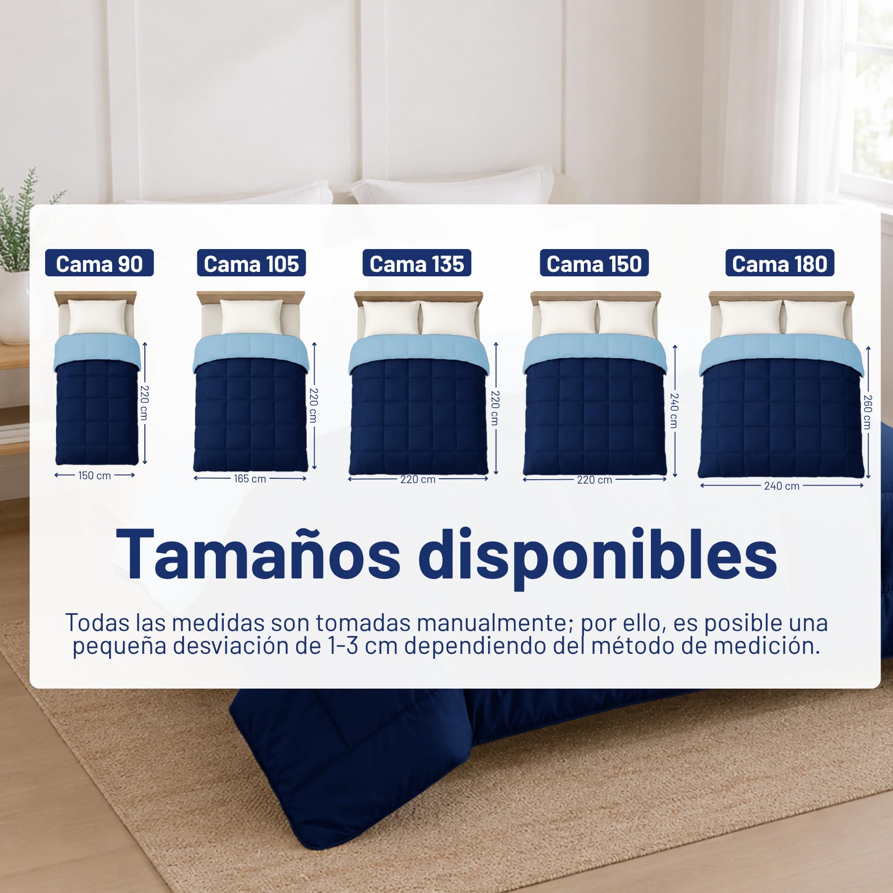 DALINA Edredón de Fibra para Cama 135, 220 x 220 cm, 300gr/M², Azul | Relleno Nórdico 100% Poliester, Doble Cara Comfortable, Suave, Transpirable, Grueso
