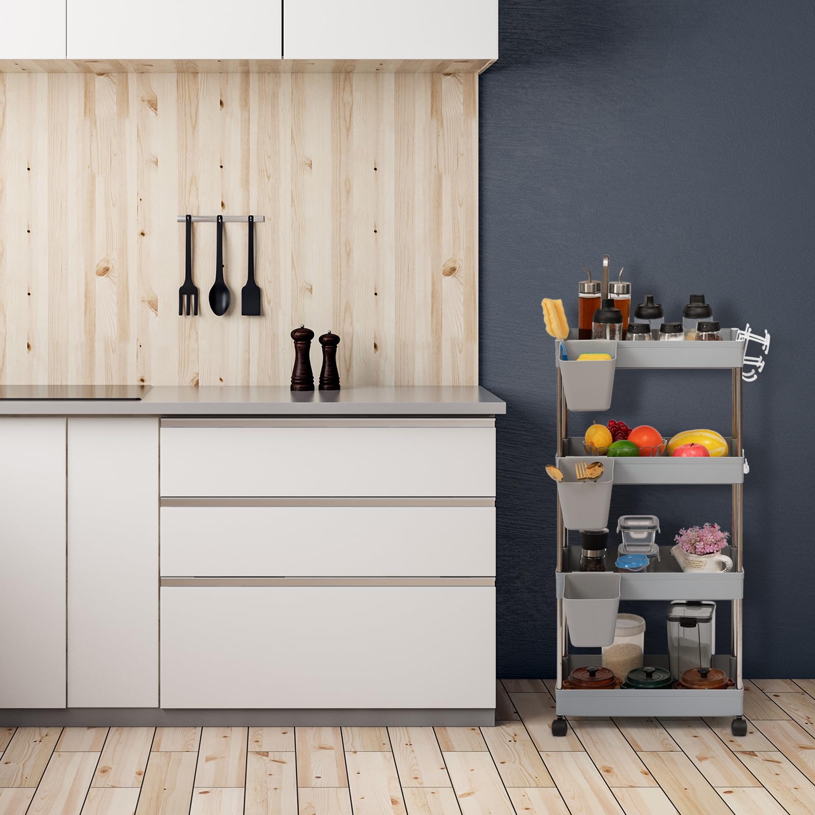 DOEWORKS Carrelli Portaoggetti con Tazze Appese Carrello Cucina a 4 Ripiani, Organizer Carrello Scaffale con Ruote per Cucina Bagno Ufficio, Grigio