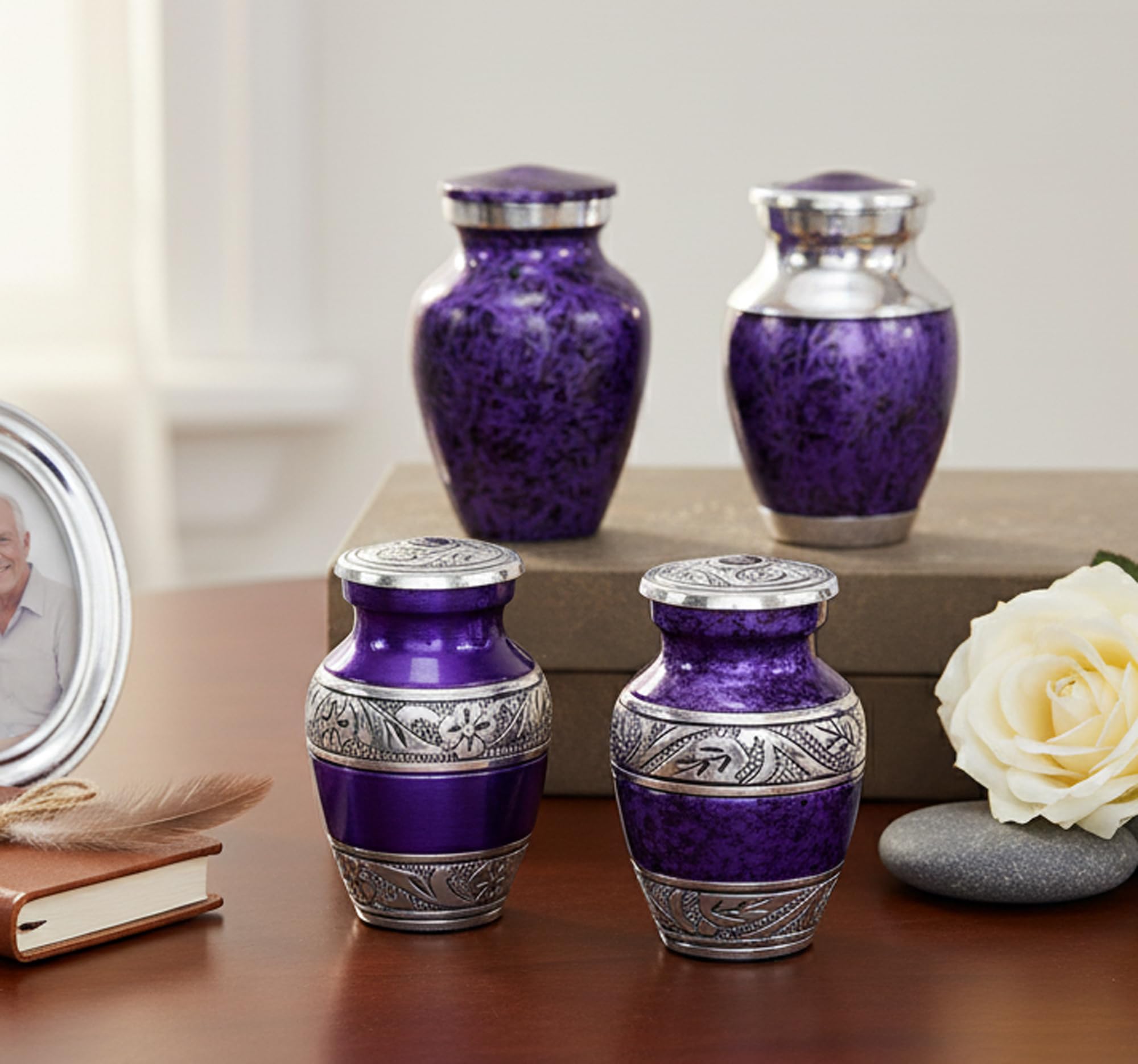 eSplanade Metal Mini Cremation Urn Keepsake Memorial Jar Pot Container - Set of 4 | Small Urns for Funeral Ashes Burial | Engraved and Textured Keepsakes | Purple - 3" Inches