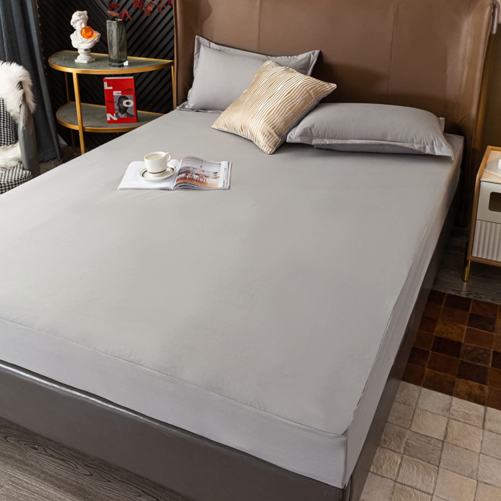 Disponible Varios Tamaños,Protector de colchón a Prueba de Agua de algodón Lavado Cepillado de Color sólido Homestay Hotel Colchón de Bolsillo Profundo, Gris, 180 * 200 cm (3 Piezas)