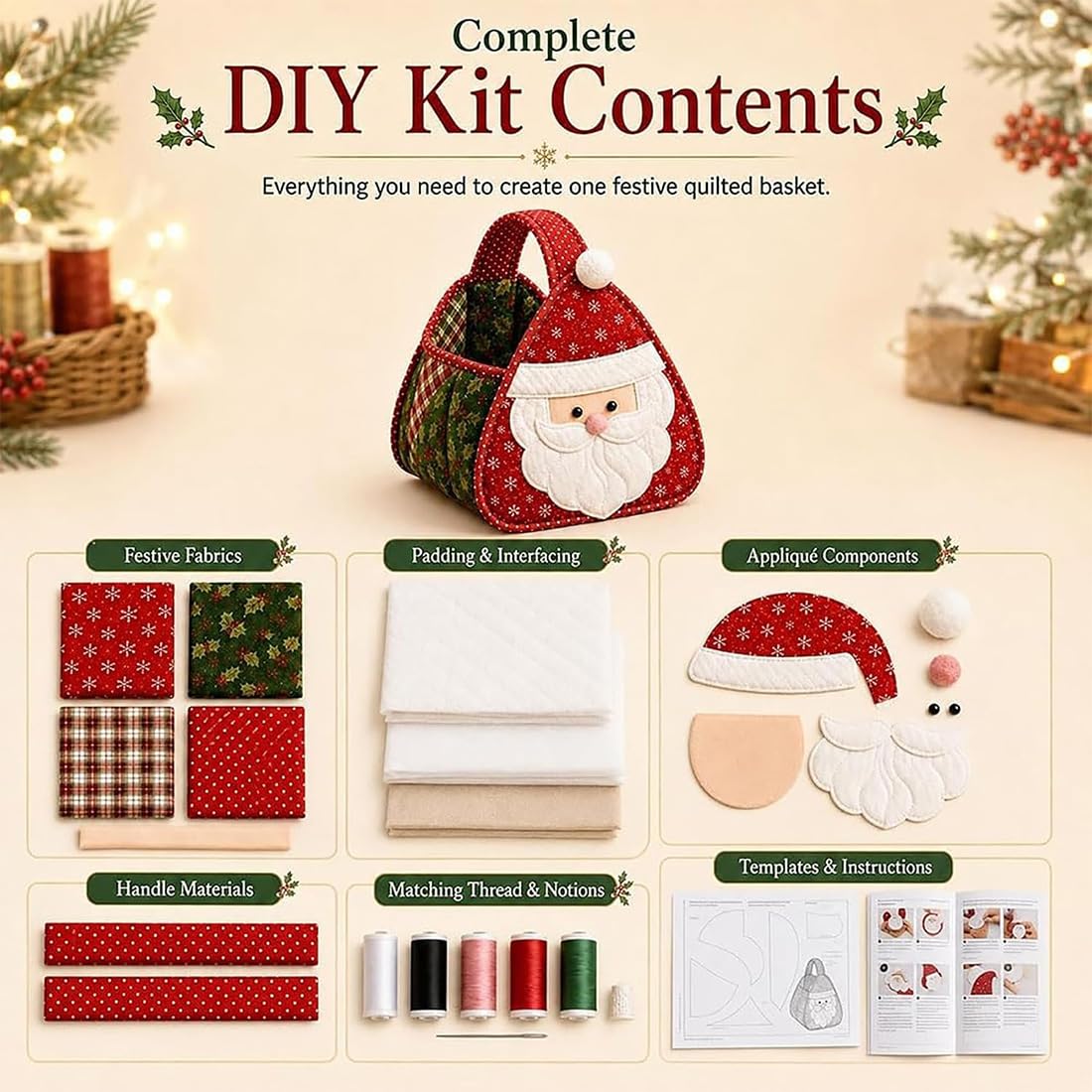 Cesta acolchada navideña, kit de cesta de almacenamiento de tela DIY, adorables personajes navideños, kit de costura DIY para decoración navideña, dulces (Set)