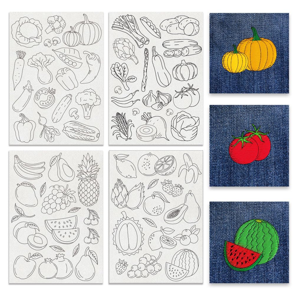 BENECREAT 4 Sheets 69Pcs Vegetable Fruit Water Soluble Embroidery Patterns, 11.7x8.3Inch Stick and Stitch Embroidery Paper Stabilizer for Hand Sewing Lover Beginners