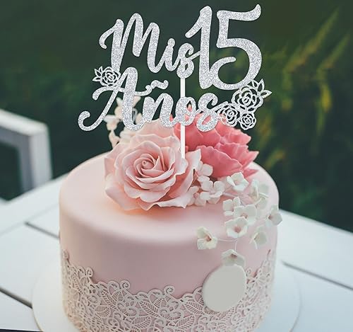 Miniatura 4 de Decoración para tartas de 15 años con purpurina plateada, feliz 15 años, feliz 15 años, decoración de fiesta de cumpleaños con temática de mariposas