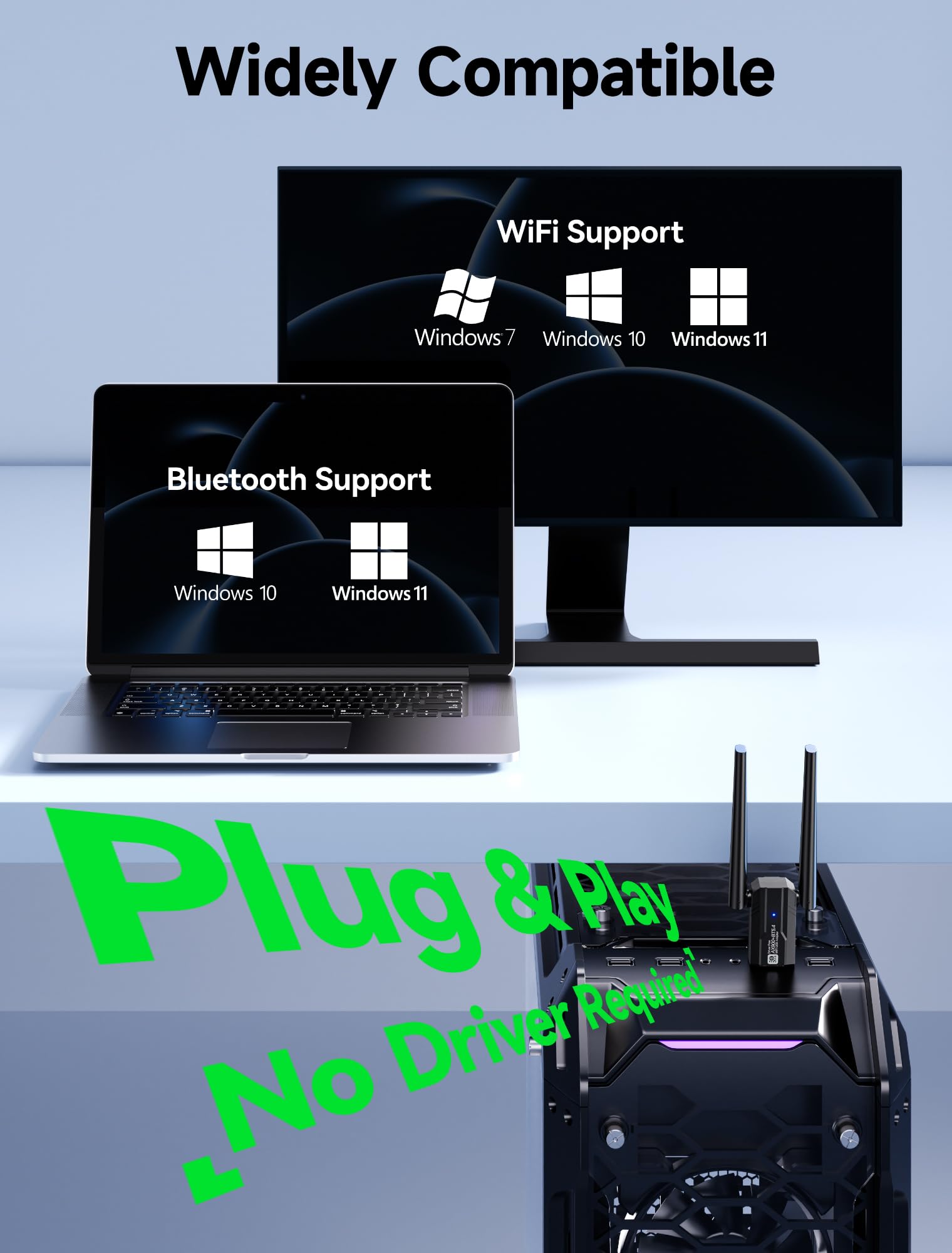 2 in 1 Adaptador Bluetooth para PC 5.4, WiFi USB para PC 900Mbps 2.4GHz/5.0GHz, Adaptador WiFi para PC con 5dBi Antena WiFi PC, Plug y Play, Dongle Bluetooth con Windows 11, 10