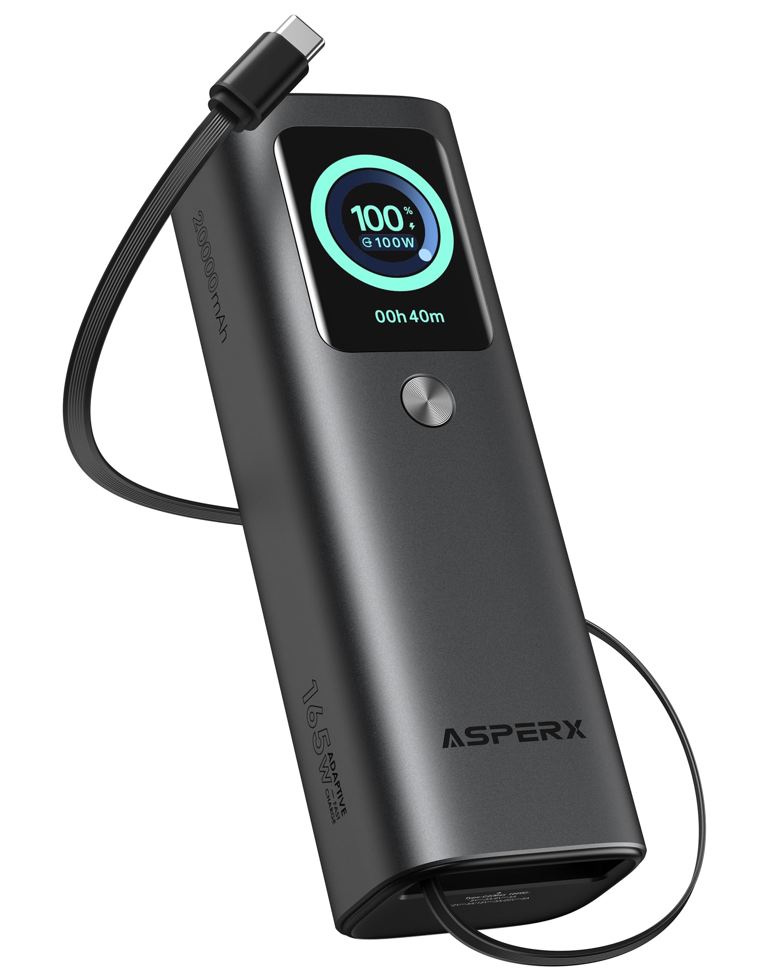 AsperX 20,000mAh Laptop Power Bank, Built-in 100W USB-C Retractable Cable, 165W Portable Laptop Charger with Smart Digital Display, Battery Pack Power Bank for iPhone 16/15 Series/MacBook/with Samsung