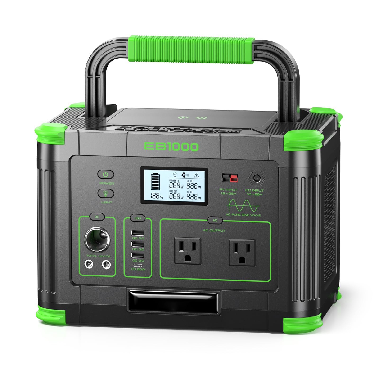 Portable Power Station1000W 999Wh Solar Generator, 110V Pure Sine Wave AC Outlet, 60W USB-C PD Fast Charging, 10 Ports for Home Backup, Outdoor Camping, RV Travel, Emergency (2000W Peak)
