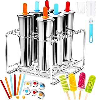 Stainless Steel Pop Molds, 6 Round Head Metal Pop Molds with Holder & Reusable Sticks, Metal Ice Cream Makers for Frozen Yogurt Fruit Ice Cream Sorbet Making(Round)