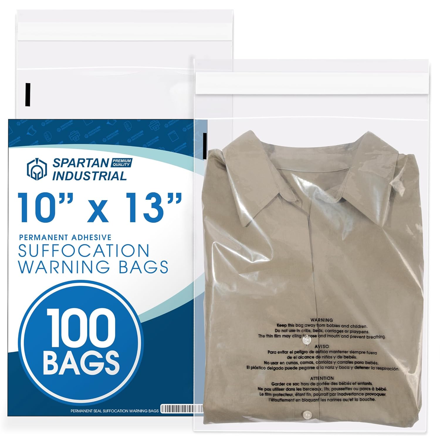 Spartan Industrial - 10” X 13” (100 Count) Self Seal Clear Poly Bags with Suffocation Warning for Packaging, T Shirts - Permanent Adhesive 10" X 13"