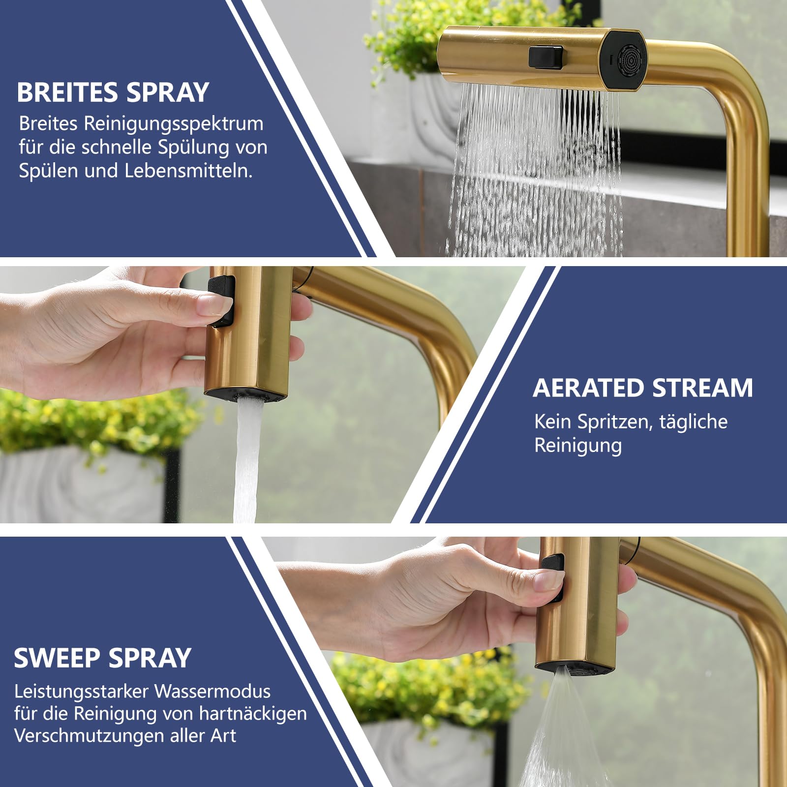 AIMADI Küchenarmatur ausziehbar golden, Wasserhahn Küche mit 3-Wege-Duschbrause & 38cm Schlauch, Einhebelmischer für Kalt- und Warmwasser, Armatur Küche für Spüle & Kücheninsel