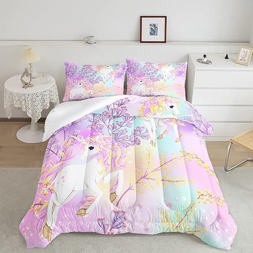 CVHOUSE Juego de ropa de cama de unicornio arcoíris tamaño individual, juego de ropa de cama de unicornio arcoíris para niñas, niños y adolescentes,