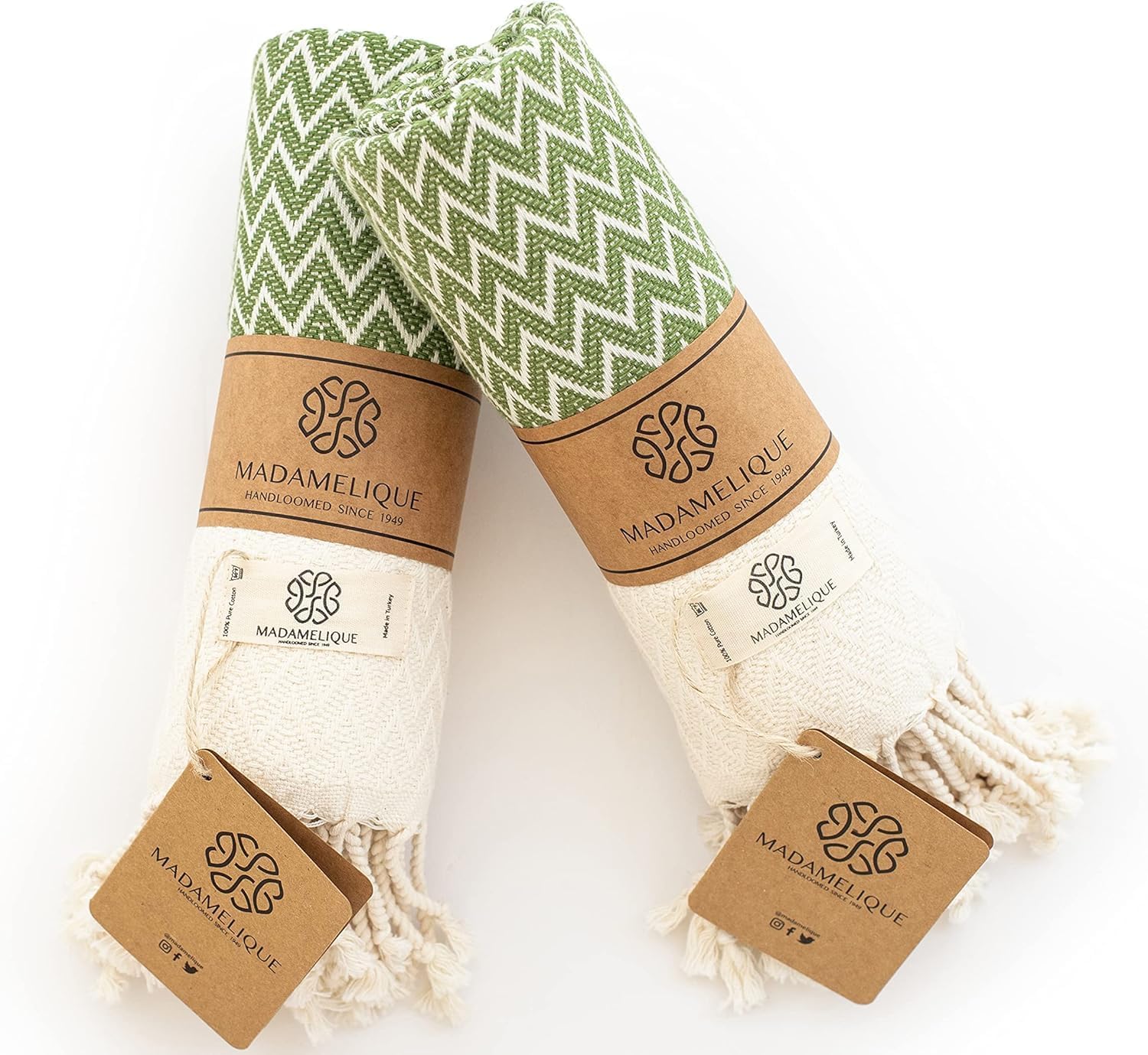 Madamelique Exclusive Hand Towels Set of 2-18 x 40 Inches - Decorative Bathroom Peshtemal Towel for Hand, Face, Hair, Yoga, Tea, Dishcloth, Kitchen and Bath - 100% Pure Cotton (Olive)