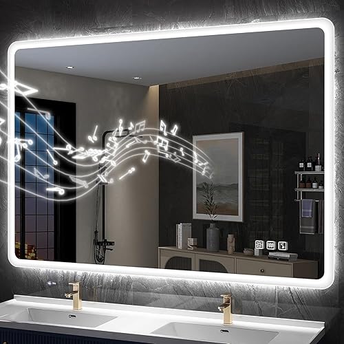 SBAGNO - Espejo de baño con luz LED de 36 x 28 pulgadas, para montaje en pared, regulable, espejo de tocador con altavoz Bluetooth, botón táctil