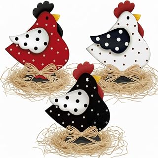 3 Pcs Rooster Decor Chicken Table Sign Easter Wooden Chickens Centerpieces with Raffia Farmhouse Rooster Birthday Party Decor Hen for Home Table Desk Door Shelf Chicken Party Easter Gift