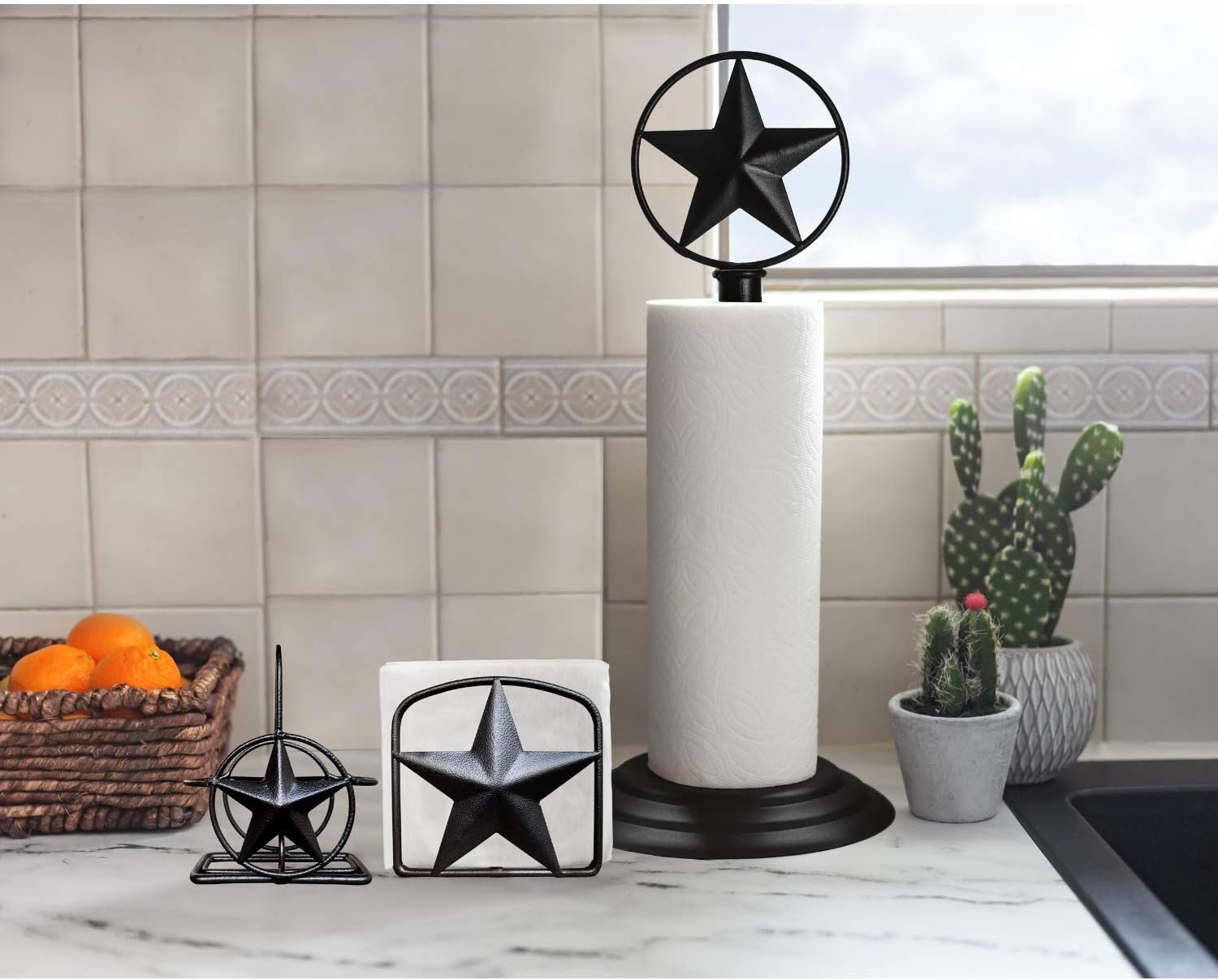 Black Rustic Texas Star Napkin Holder - Country Farmhouse Iron Metal Primitive Kitchen Countertop Napkin Holders, Western Style Stand for Napkins, Perfect Table Counter Decor for Home (Napkin Holder)